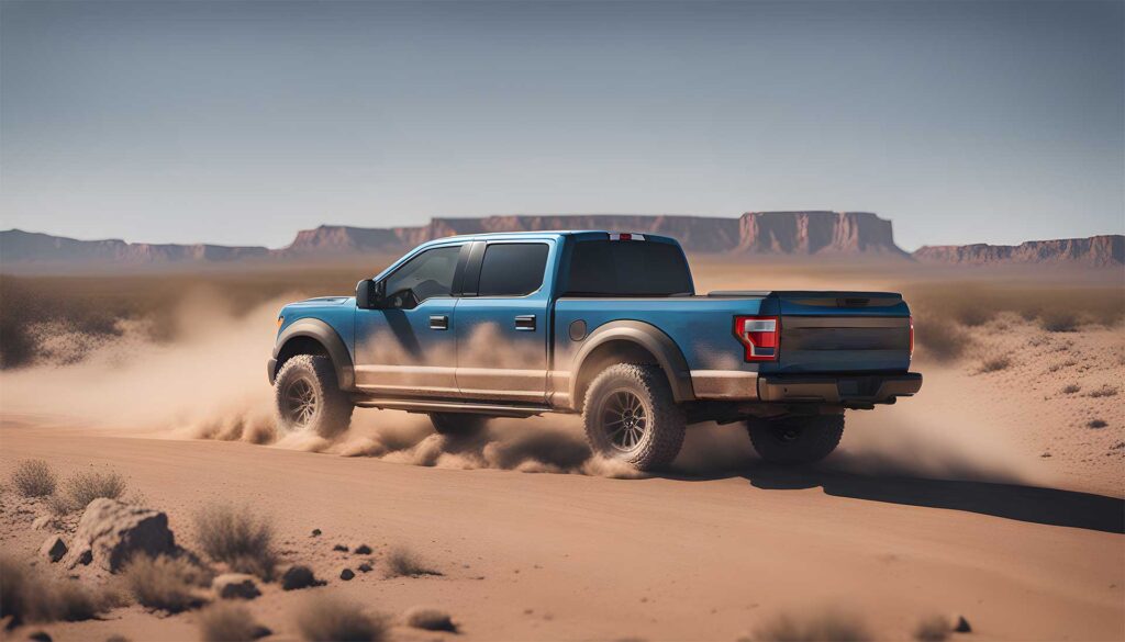 Blue pickup truck driving in desert