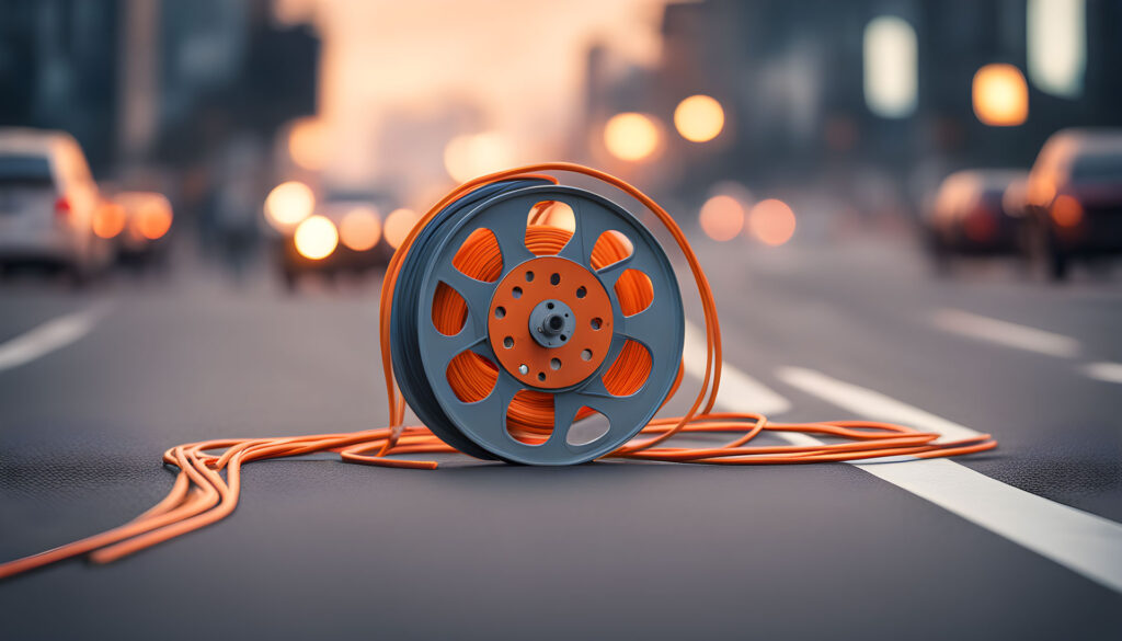 Orange cable spool on city street.